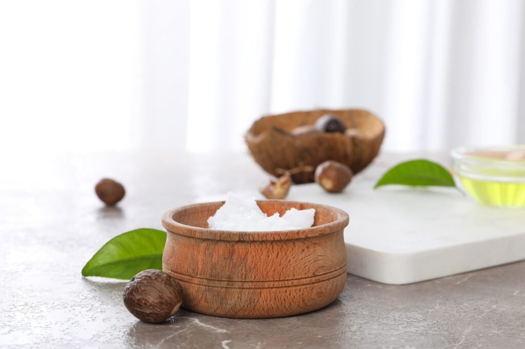 Concept of skin care cosmetics, Shea butter, close up